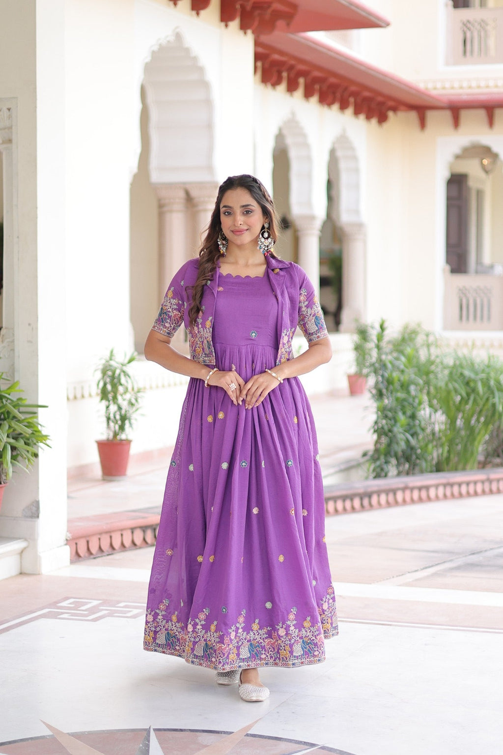 Lorenvalley Fashion Purple Vichitra Silk with Sequins, Zari & Thread Embroidered work Gown with Koti - Distacart