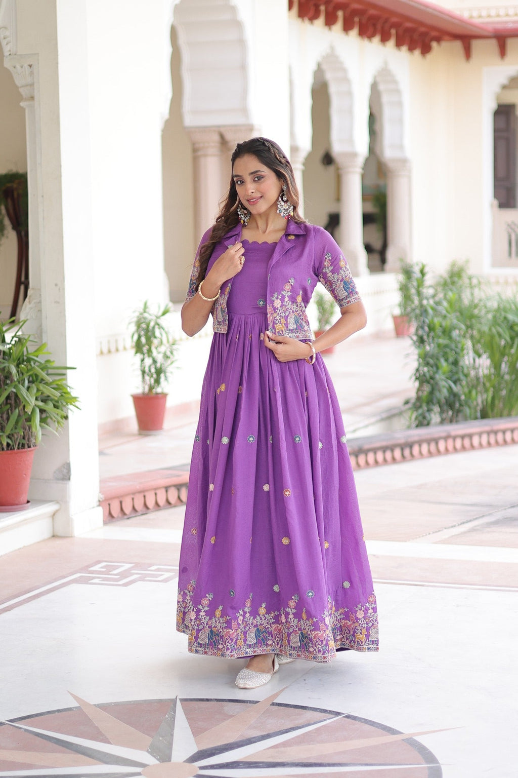 Lorenvalley Fashion Purple Vichitra Silk with Sequins, Zari & Thread Embroidered work Gown with Koti - Distacart