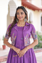 Lorenvalley Fashion Purple Vichitra Silk with Sequins, Zari & Thread Embroidered work Gown with Koti - Distacart