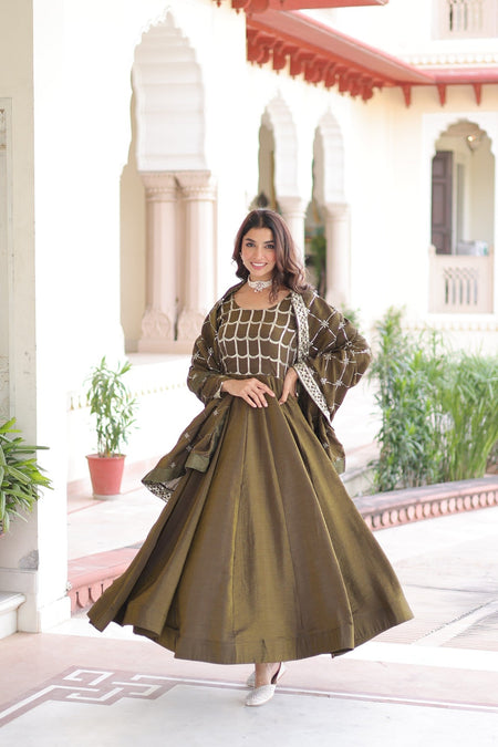Lorenvalley Fashion Mehendi Vichitra Silk with Rich Sequins & Zari Embroidered work Anarkali Gown with Dupatta