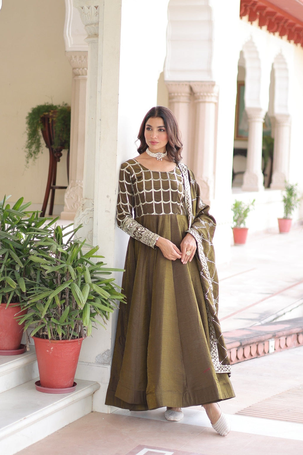 Lorenvalley Fashion Mehendi Vichitra Silk with Rich Sequins & Zari Embroidered work Anarkali Gown with Dupatta - Distacart