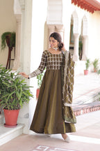 Lorenvalley Fashion Mehendi Vichitra Silk with Rich Sequins & Zari Embroidered work Anarkali Gown with Dupatta - Distacart