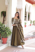 Lorenvalley Fashion Mehendi Vichitra Silk with Rich Sequins & Zari Embroidered work Anarkali Gown with Dupatta - Distacart
