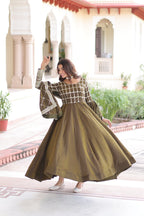 Lorenvalley Fashion Mehendi Vichitra Silk with Rich Sequins & Zari Embroidered work Anarkali Gown with Dupatta - Distacart