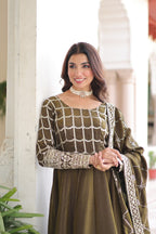 Lorenvalley Fashion Mehendi Vichitra Silk with Rich Sequins & Zari Embroidered work Anarkali Gown with Dupatta - Distacart