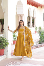 Lorenvalley Fashion Mustard Vichitra Silk with Rich Sequins & Zari Embroidered work Anarkali Gown with Dupatta - Distacart