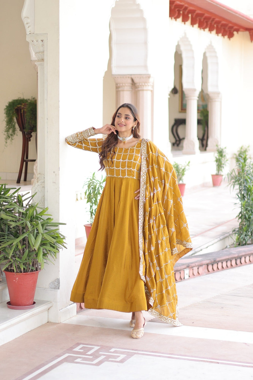 Lorenvalley Fashion Mustard Vichitra Silk with Rich Sequins & Zari Embroidered work Anarkali Gown with Dupatta - Distacart