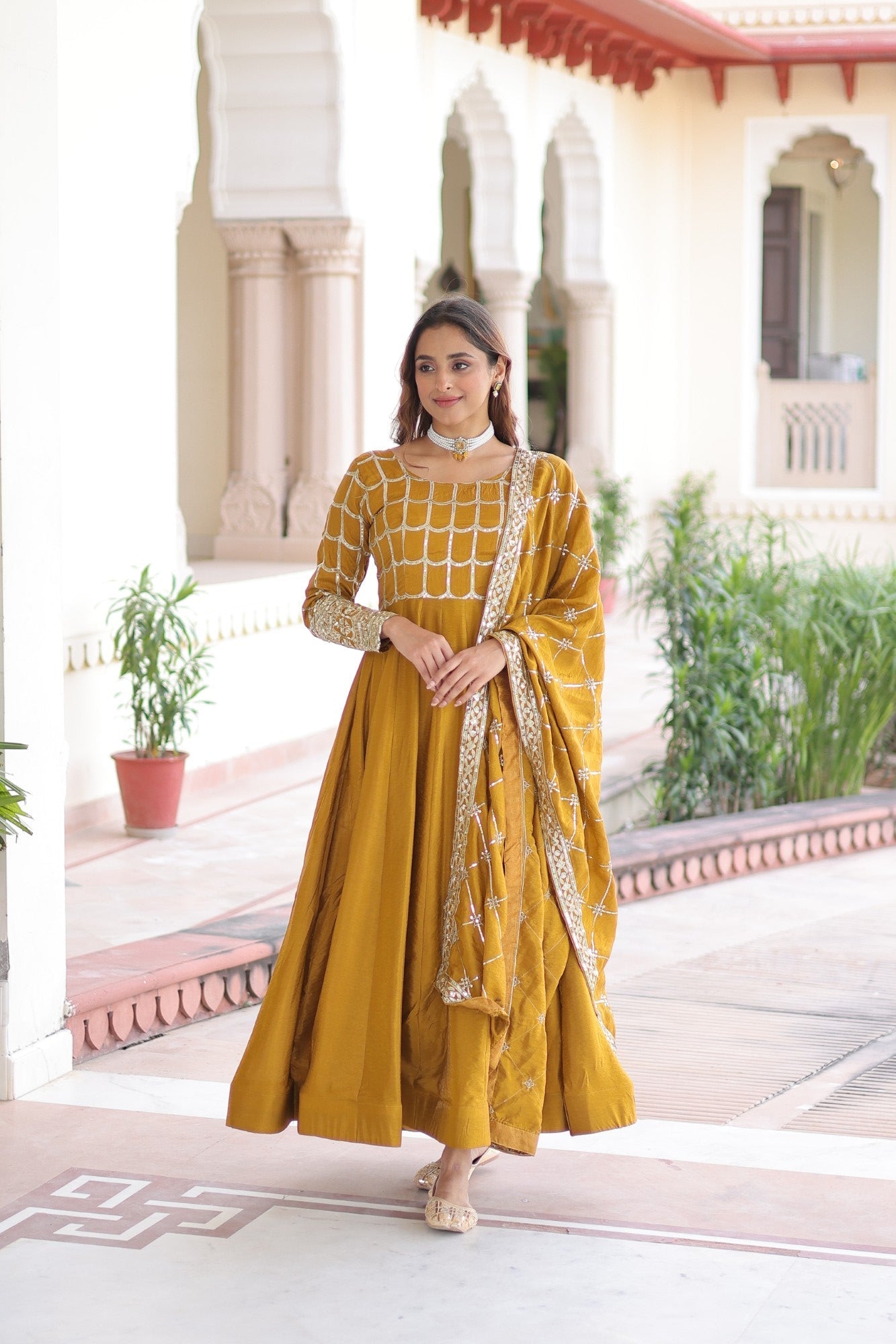 Lorenvalley Fashion Mustard Vichitra Silk with Rich Sequins & Zari Embroidered work Anarkali Gown with Dupatta - Distacart