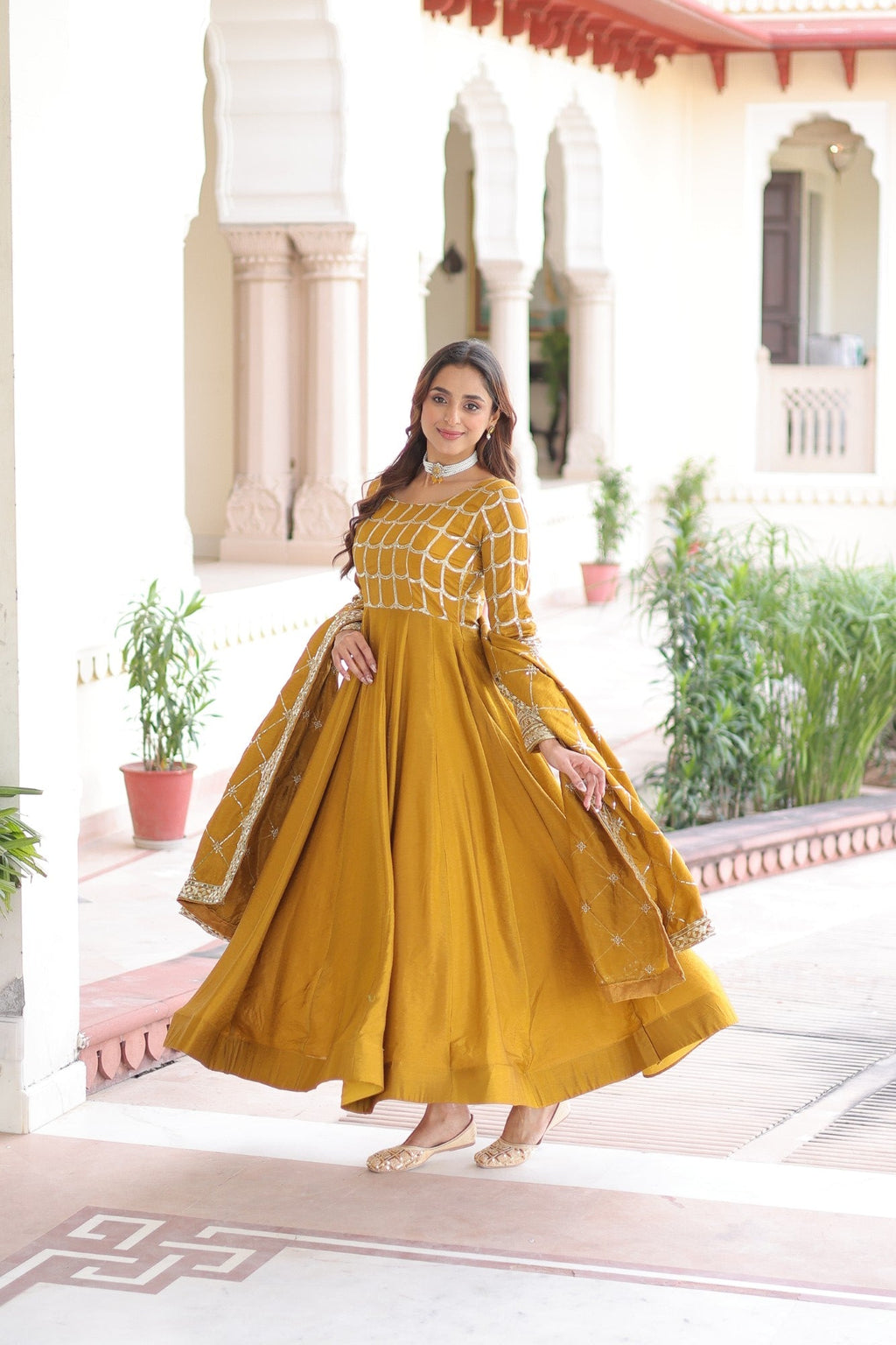 Lorenvalley Fashion Mustard Vichitra Silk with Rich Sequins & Zari Embroidered work Anarkali Gown with Dupatta - Distacart