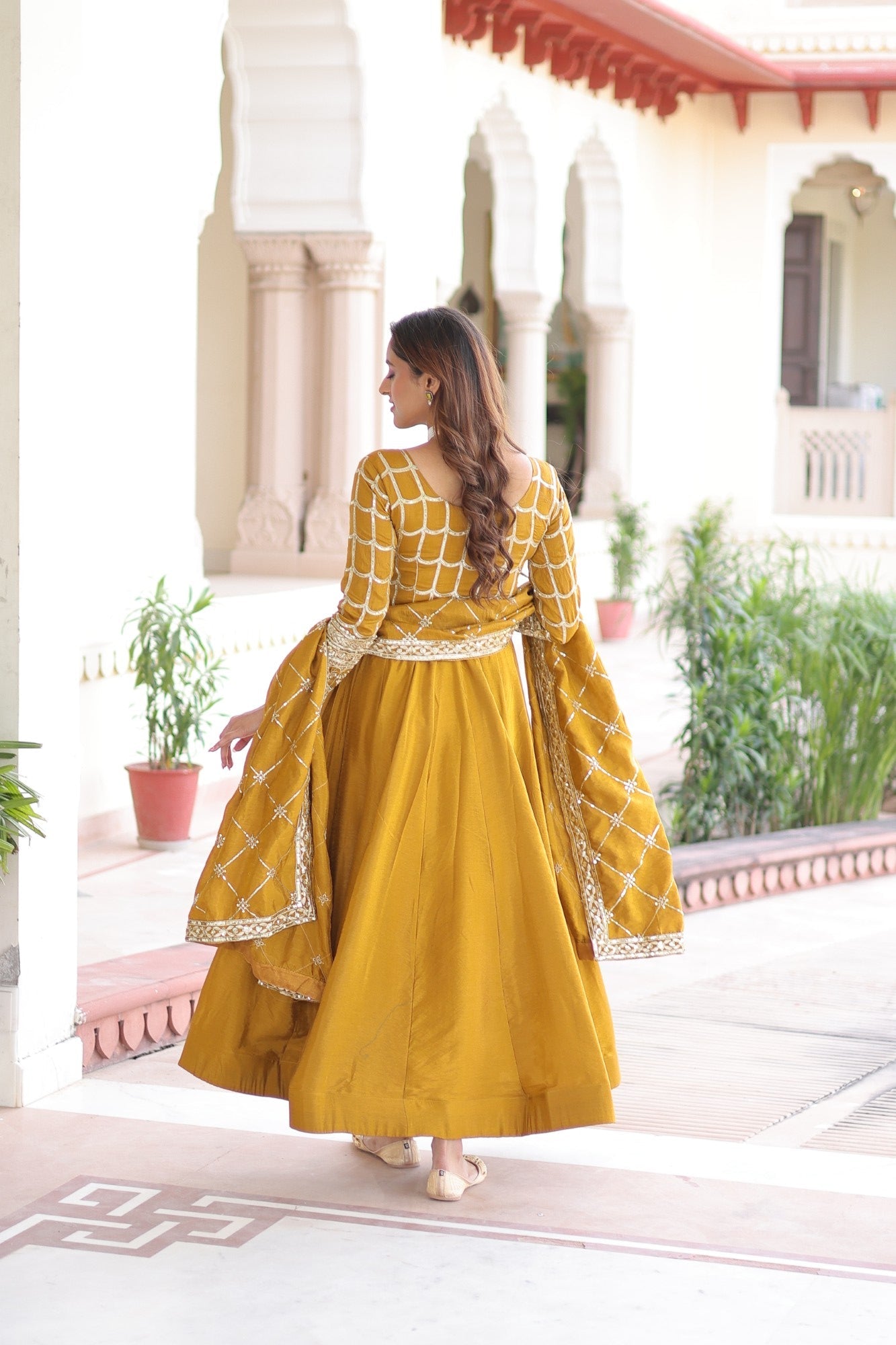 Lorenvalley Fashion Mustard Vichitra Silk with Rich Sequins & Zari Embroidered work Anarkali Gown with Dupatta - Distacart