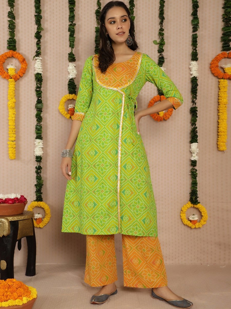 Aks Bandhani Printed Gotta Patti Pure Cotton Angrakha Kurta With Palazzos