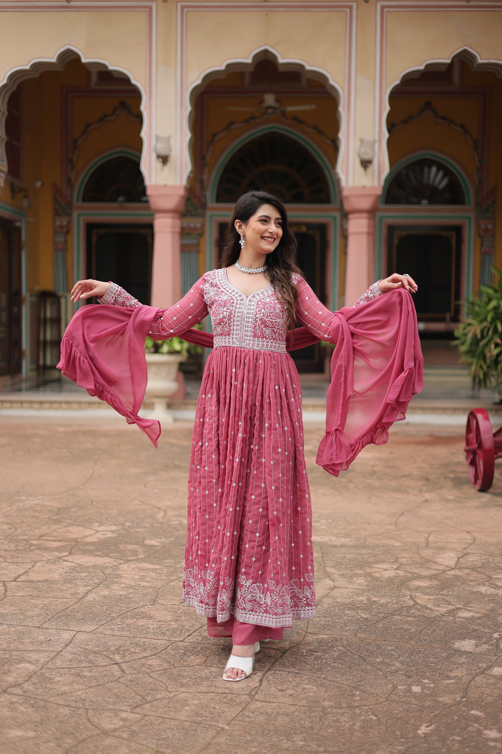 Lorenvalley Fashion Peach Faux Georgette With Rich Sequins & Thread Embroidered Work Kurta Palazzo With Dupatta - Distacart