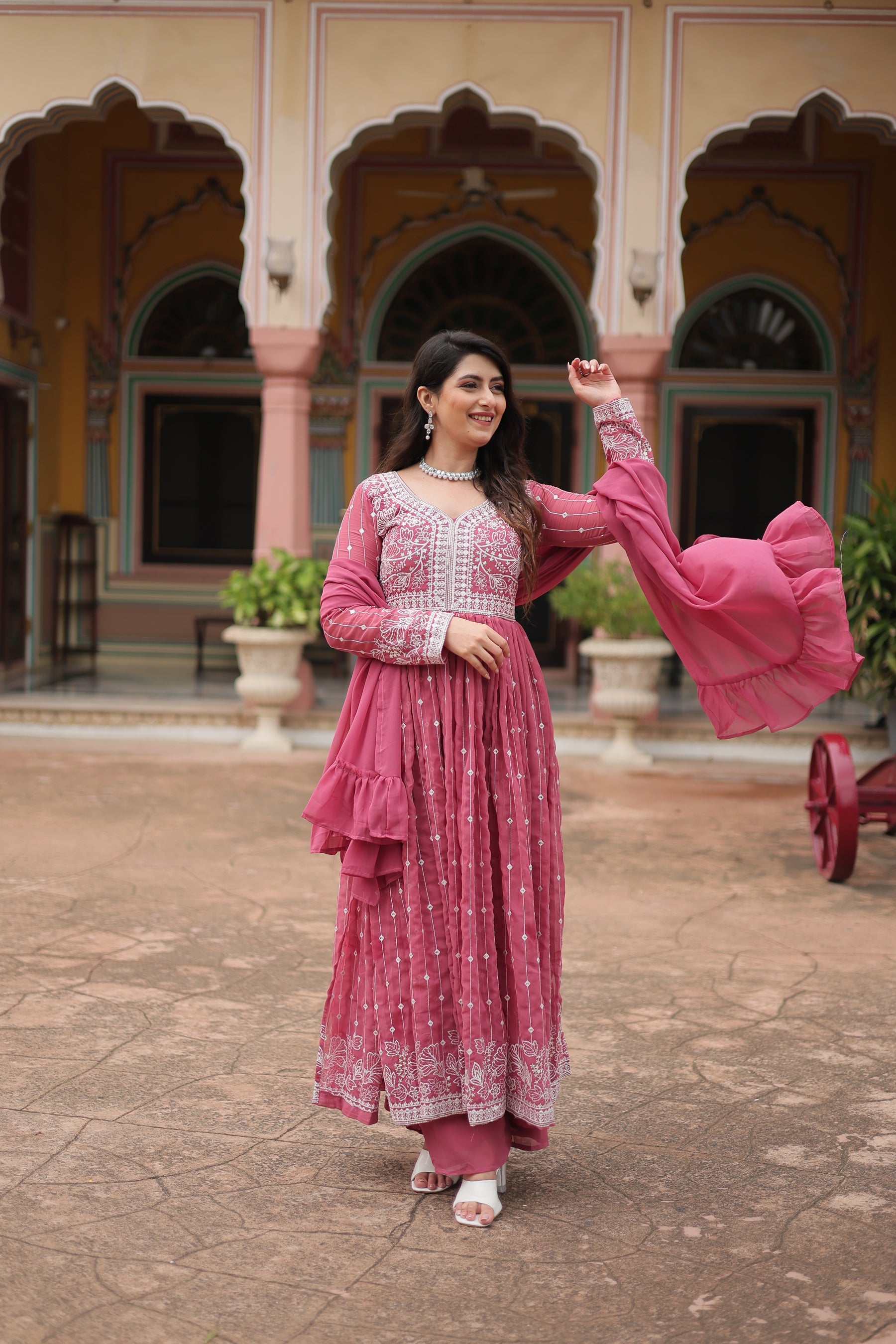 Lorenvalley Fashion Peach Faux Georgette With Rich Sequins & Thread Embroidered Work Kurta Palazzo With Dupatta - Distacart