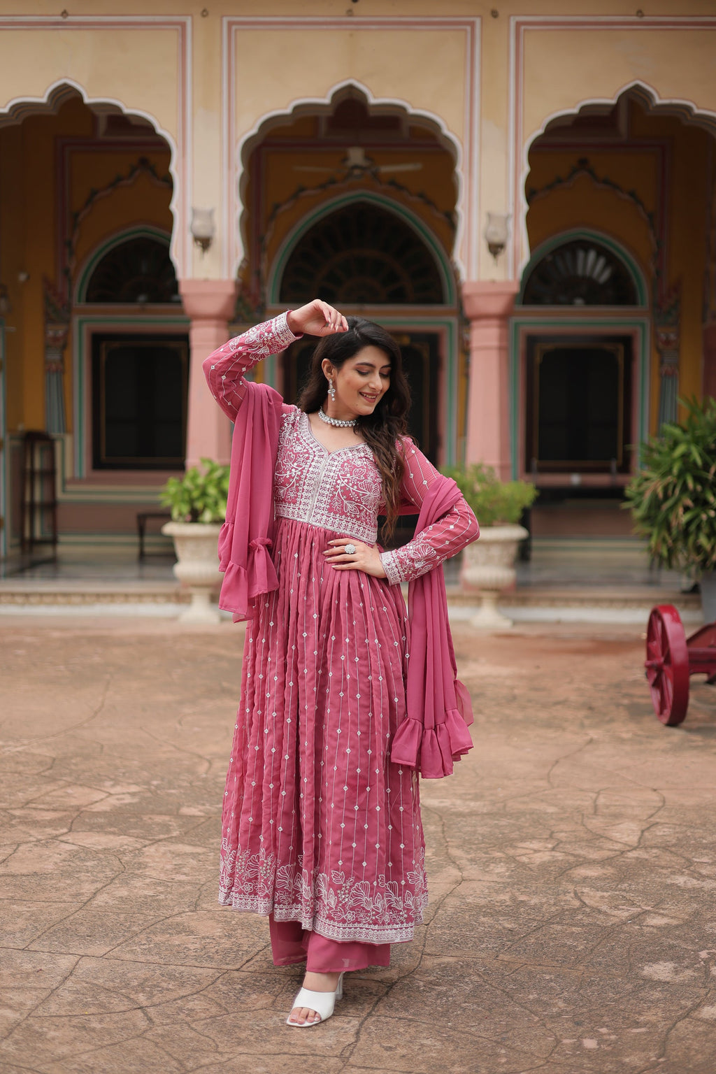 Lorenvalley Fashion Peach Faux Georgette With Rich Sequins & Thread Embroidered Work Kurta Palazzo With Dupatta - Distacart