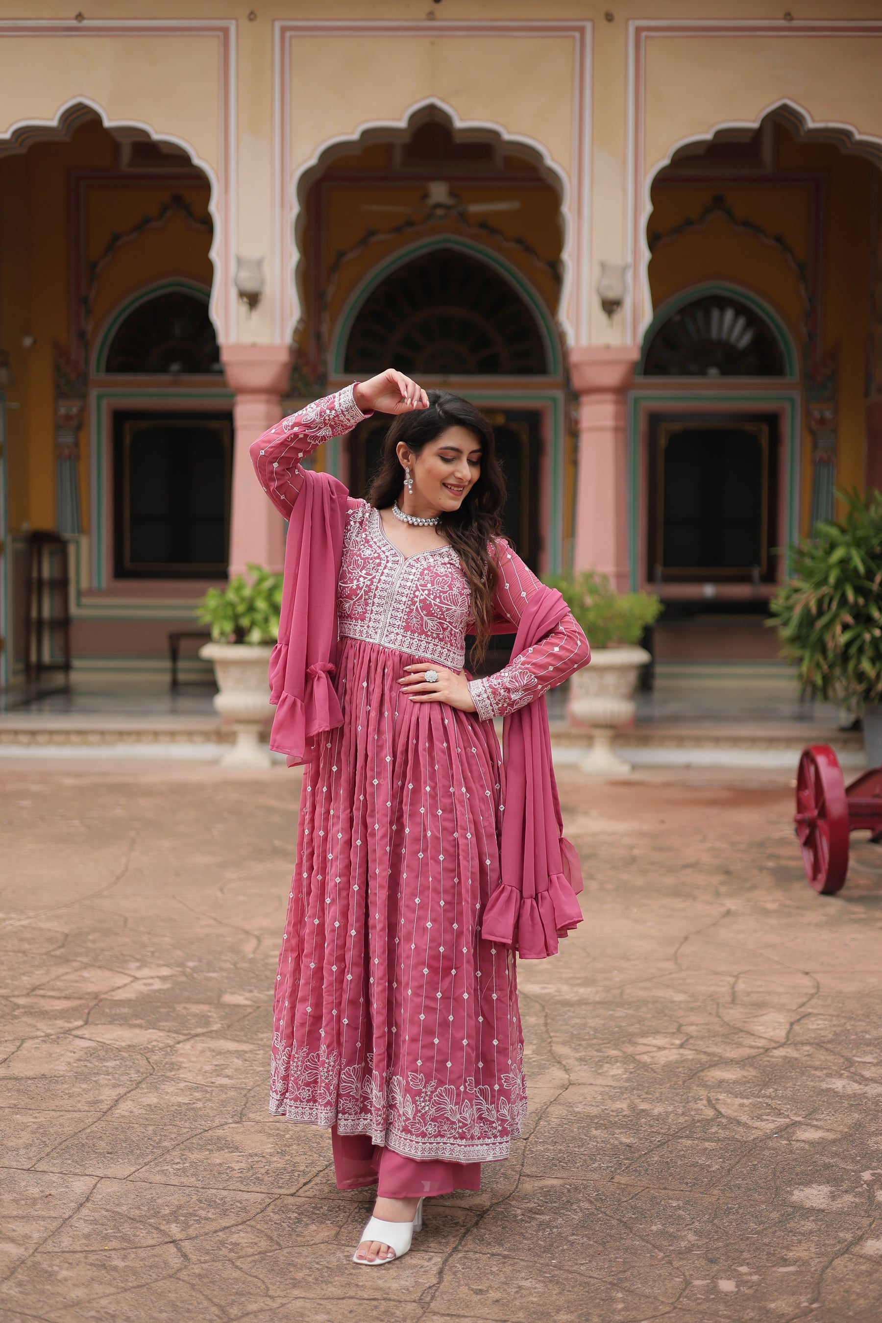 Lorenvalley Fashion Peach Faux Georgette With Rich Sequins & Thread Embroidered Work Kurta Palazzo With Dupatta - Distacart