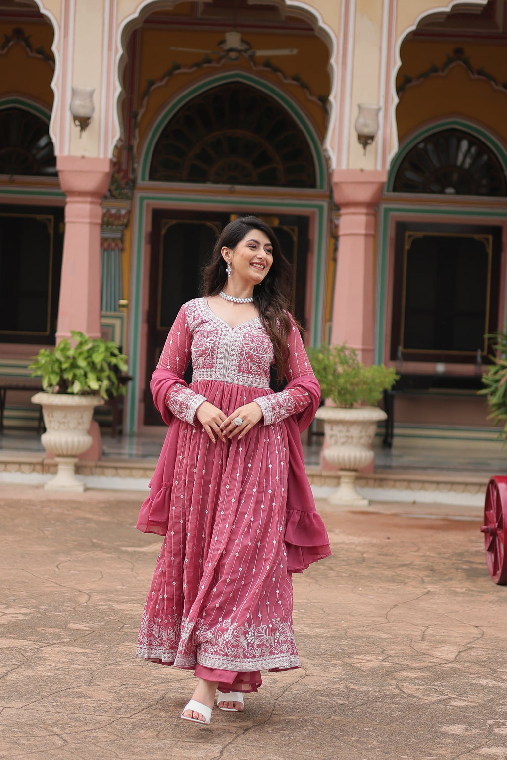 Lorenvalley Fashion Peach Faux Georgette With Rich Sequins & Thread Embroidered Work Kurta Palazzo With Dupatta - Distacart