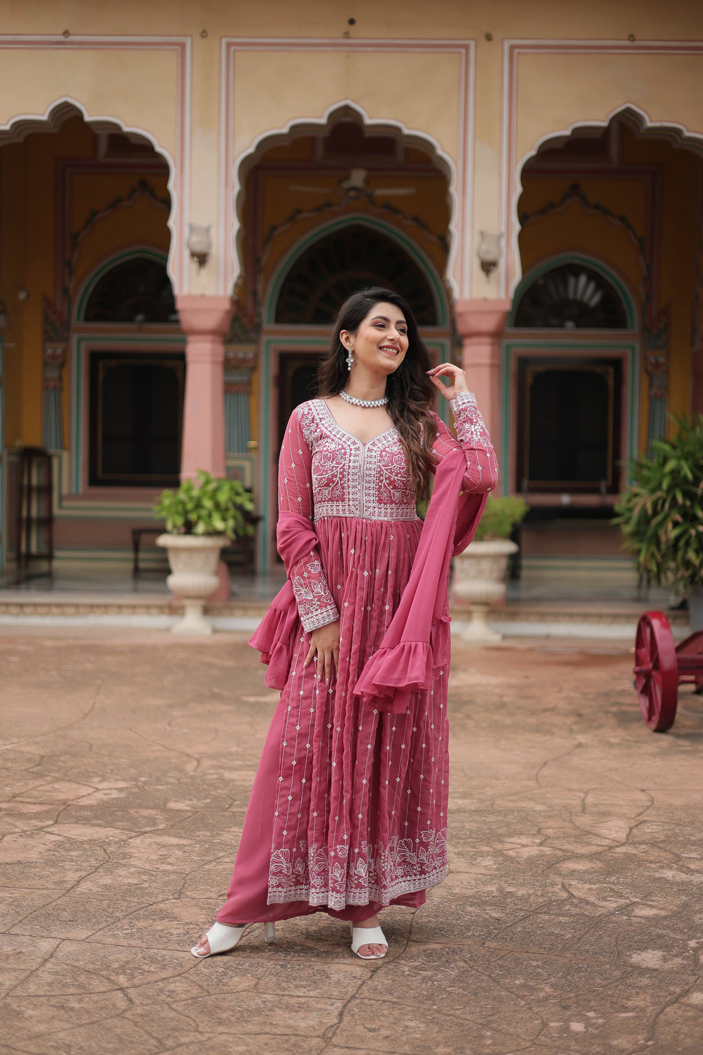 Lorenvalley Fashion Peach Faux Georgette With Rich Sequins & Thread Embroidered Work Kurta Palazzo With Dupatta - Distacart