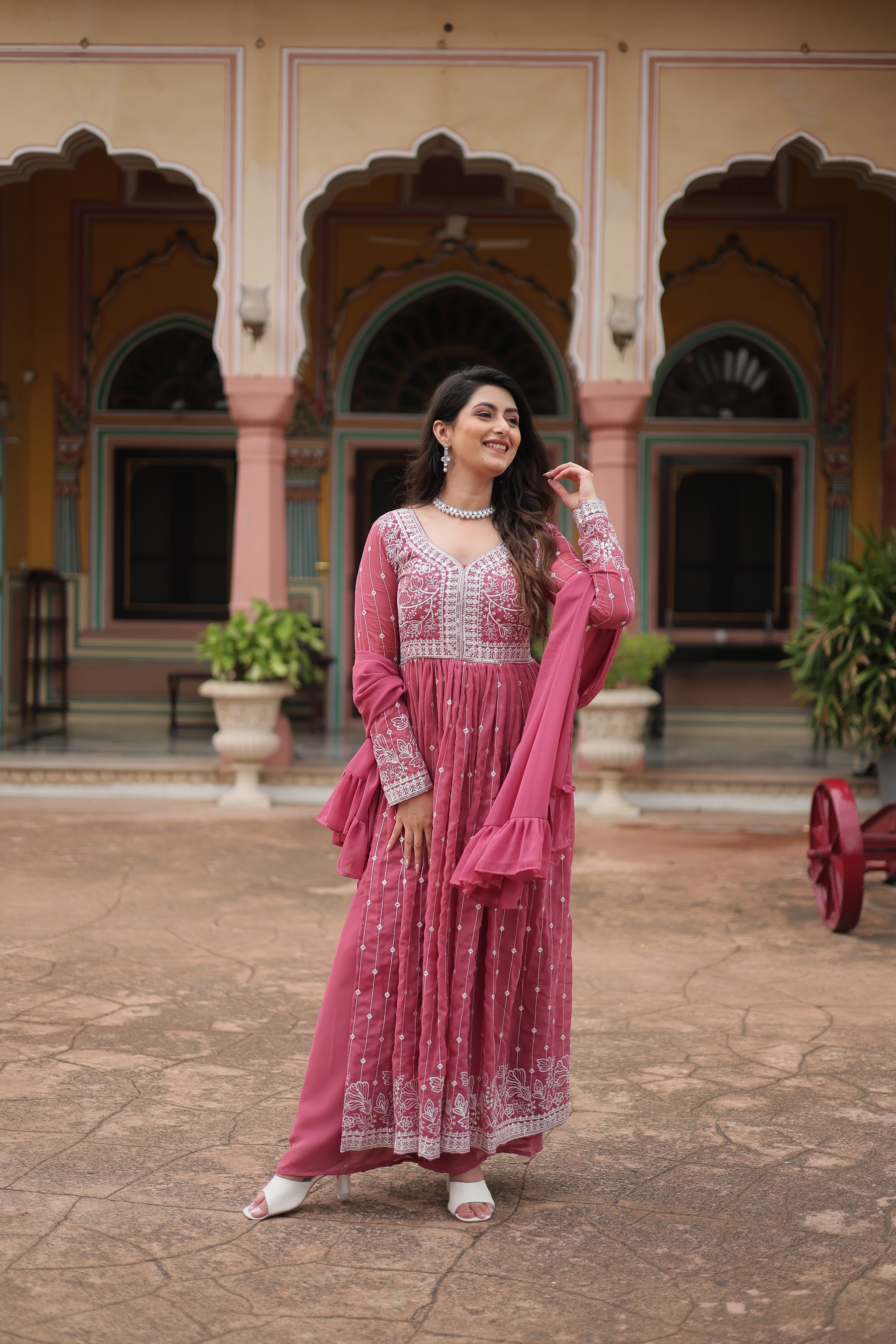 Lorenvalley Fashion Peach Faux Georgette With Rich Sequins & Thread Embroidered Work Kurta Palazzo With Dupatta - Distacart