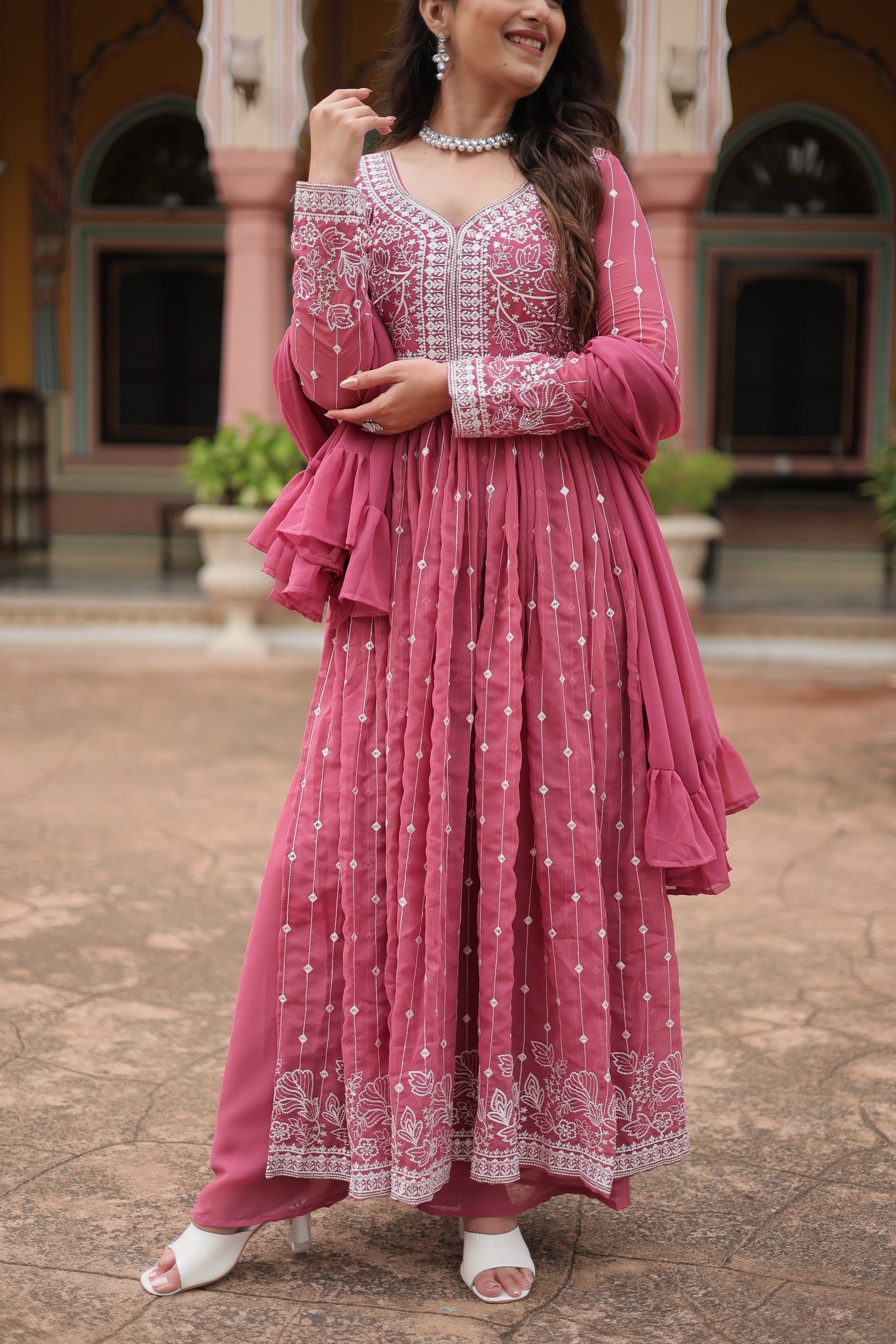 Lorenvalley Fashion Peach Faux Georgette With Rich Sequins & Thread Embroidered Work Kurta Palazzo With Dupatta - Distacart