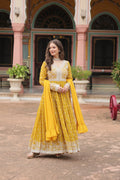 Lorenvalley Fashion Yellow Faux Georgette With Rich Sequins & Thread Embroidered Work Kurta Palazzo With Dupatta - Distacart