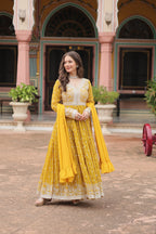 Lorenvalley Fashion Yellow Faux Georgette With Rich Sequins & Thread Embroidered Work Kurta Palazzo With Dupatta - Distacart