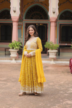 Lorenvalley Fashion Yellow Faux Georgette With Rich Sequins & Thread Embroidered Work Kurta Palazzo With Dupatta - Distacart