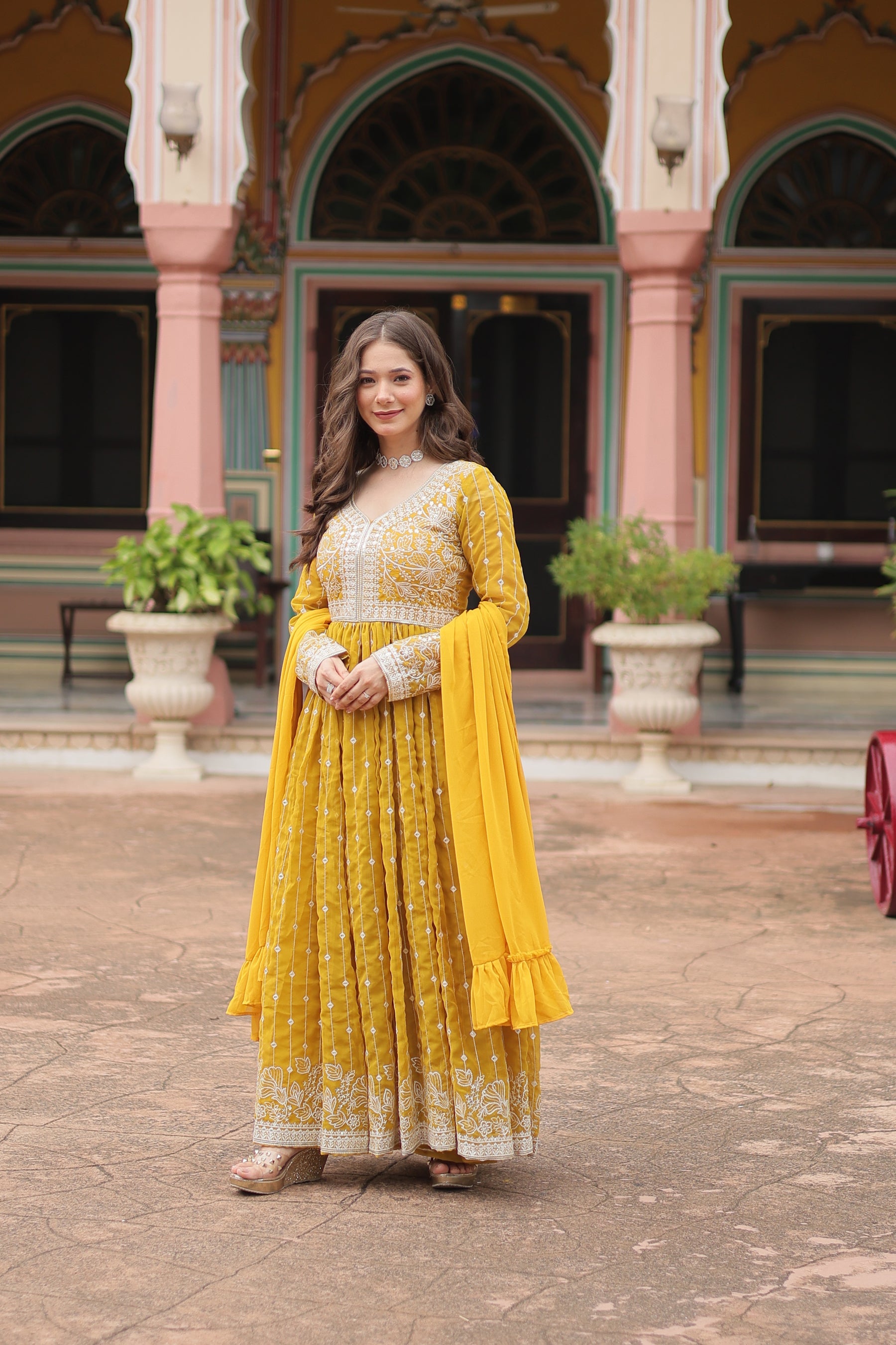 Lorenvalley Fashion Yellow Faux Georgette With Rich Sequins & Thread Embroidered Work Kurta Palazzo With Dupatta - Distacart