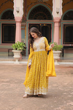 Lorenvalley Fashion Yellow Faux Georgette With Rich Sequins & Thread Embroidered Work Kurta Palazzo With Dupatta - Distacart