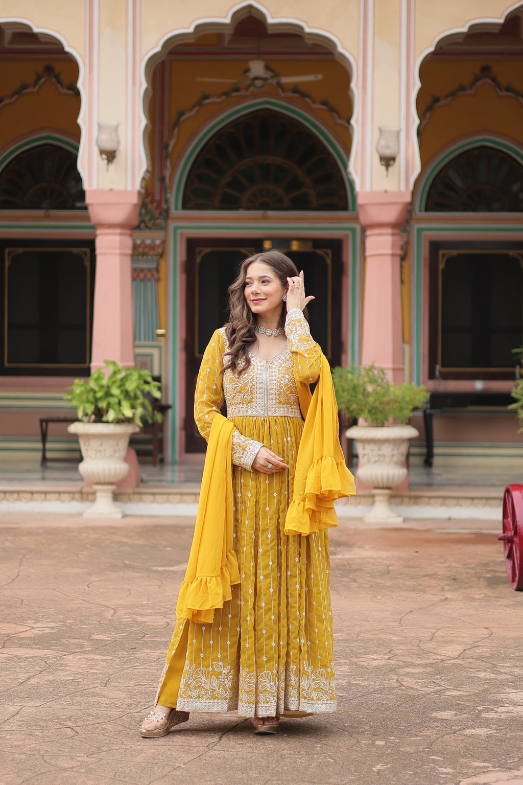 Lorenvalley Fashion Yellow Faux Georgette With Rich Sequins & Thread Embroidered Work Kurta Palazzo With Dupatta - Distacart