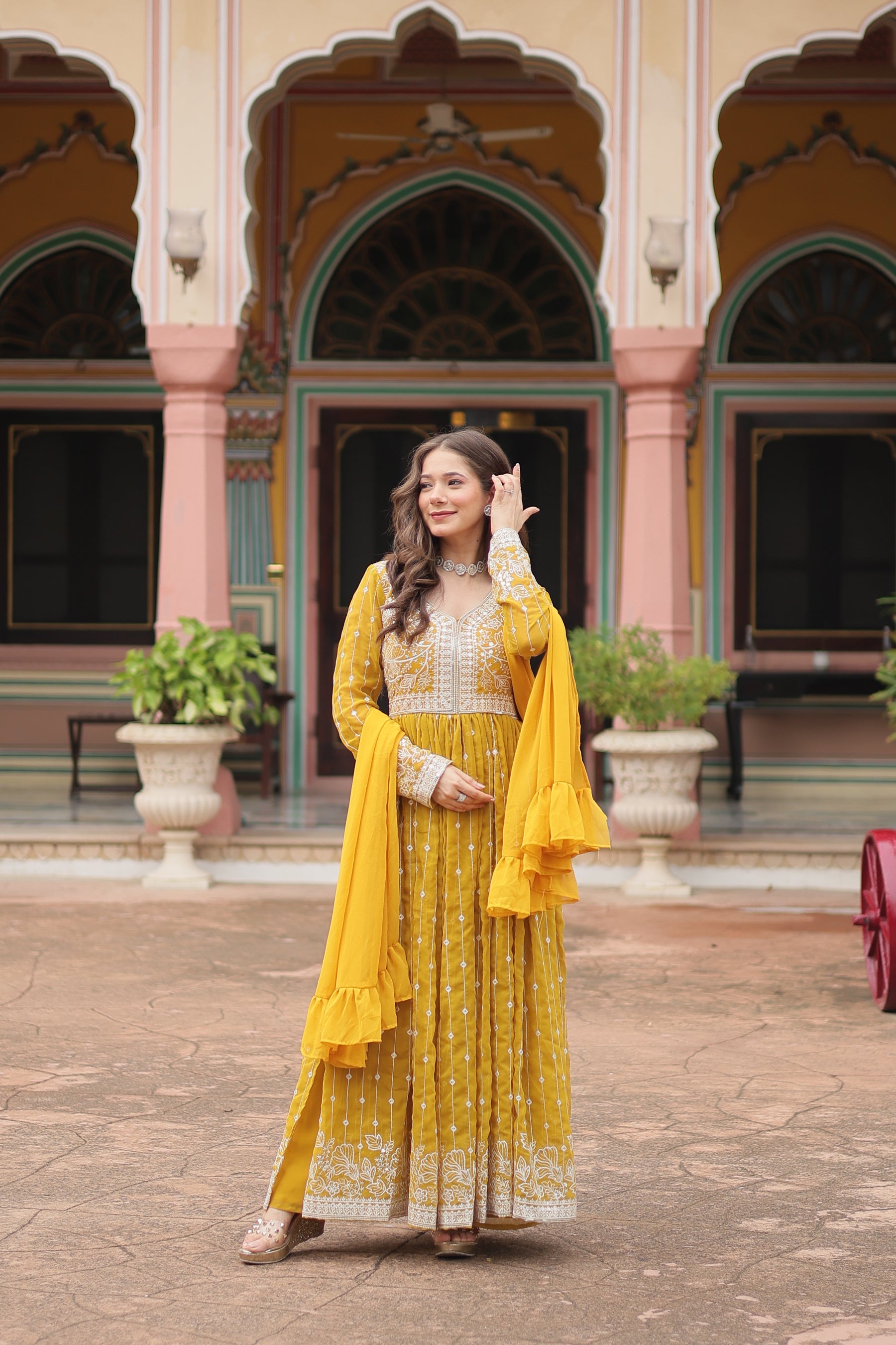 Lorenvalley Fashion Yellow Faux Georgette With Rich Sequins & Thread Embroidered Work Kurta Palazzo With Dupatta - Distacart