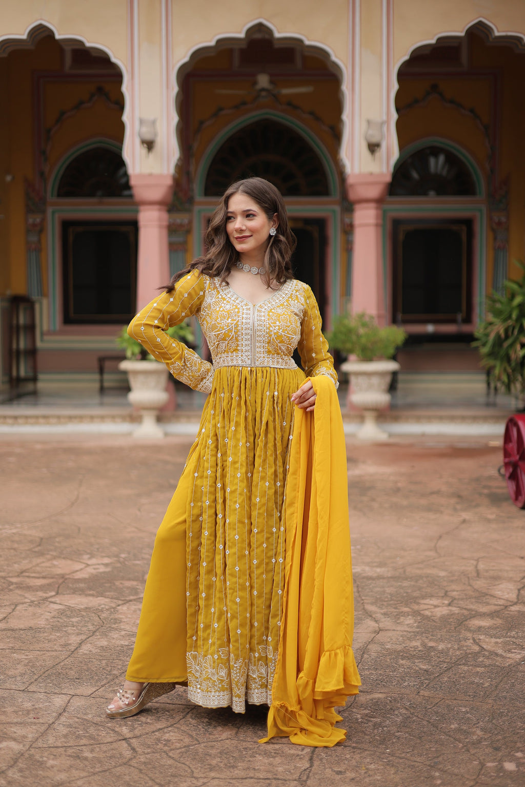 Lorenvalley Fashion Yellow Faux Georgette With Rich Sequins & Thread Embroidered Work Kurta Palazzo With Dupatta - Distacart