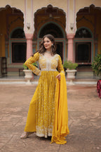 Lorenvalley Fashion Yellow Faux Georgette With Rich Sequins & Thread Embroidered Work Kurta Palazzo With Dupatta - Distacart