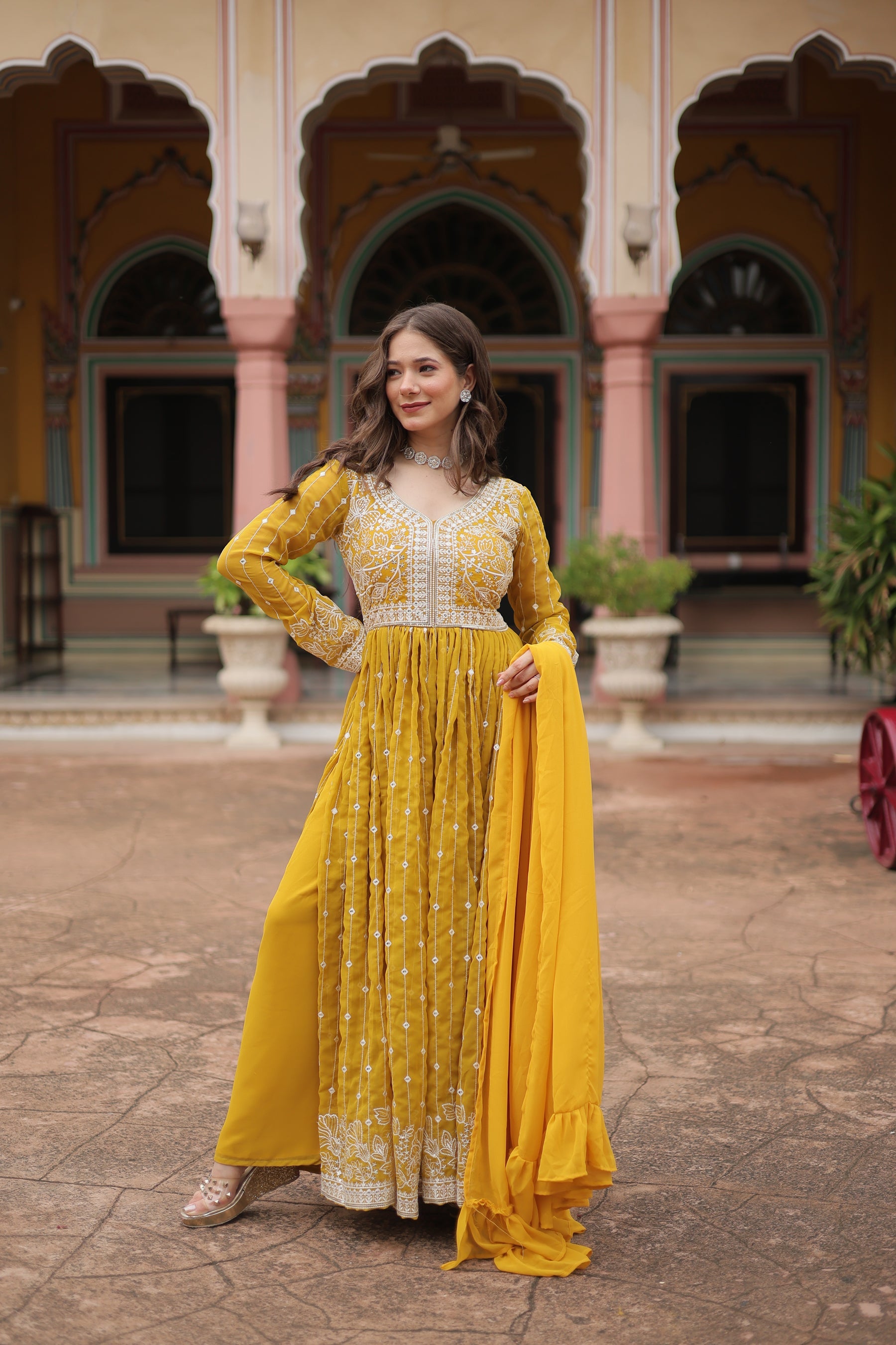 Lorenvalley Fashion Yellow Faux Georgette With Rich Sequins & Thread Embroidered Work Kurta Palazzo With Dupatta - Distacart