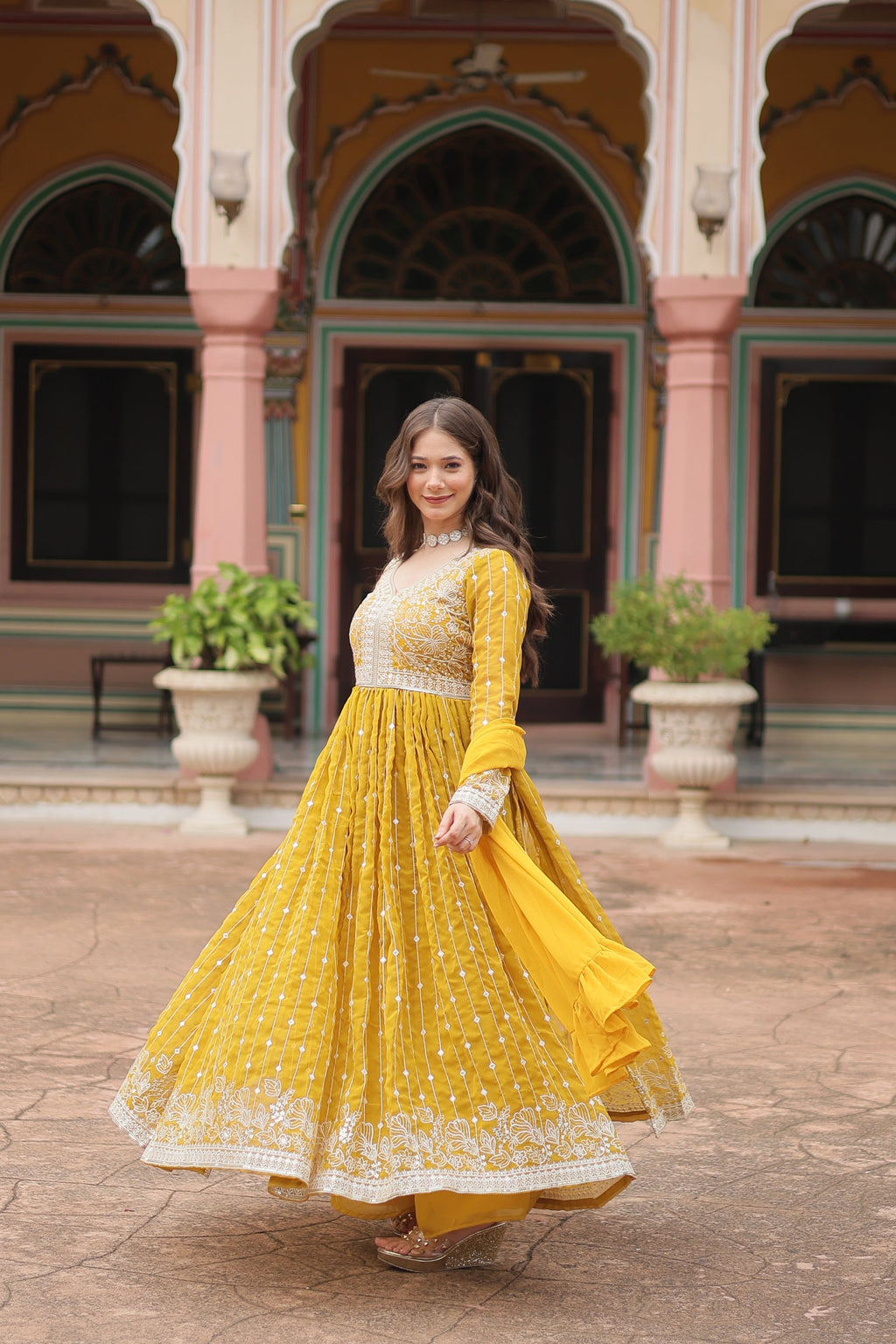 Lorenvalley Fashion Yellow Faux Georgette With Rich Sequins & Thread Embroidered Work Kurta Palazzo With Dupatta - Distacart
