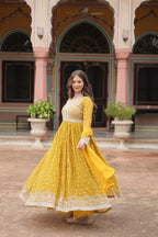 Lorenvalley Fashion Yellow Faux Georgette With Rich Sequins & Thread Embroidered Work Kurta Palazzo With Dupatta - Distacart