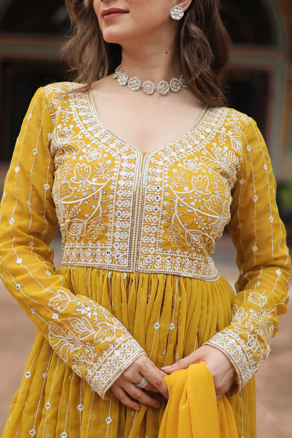 Lorenvalley Fashion Yellow Faux Georgette With Rich Sequins & Thread Embroidered Work Kurta Palazzo With Dupatta - Distacart