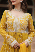 Lorenvalley Fashion Yellow Faux Georgette With Rich Sequins & Thread Embroidered Work Kurta Palazzo With Dupatta - Distacart