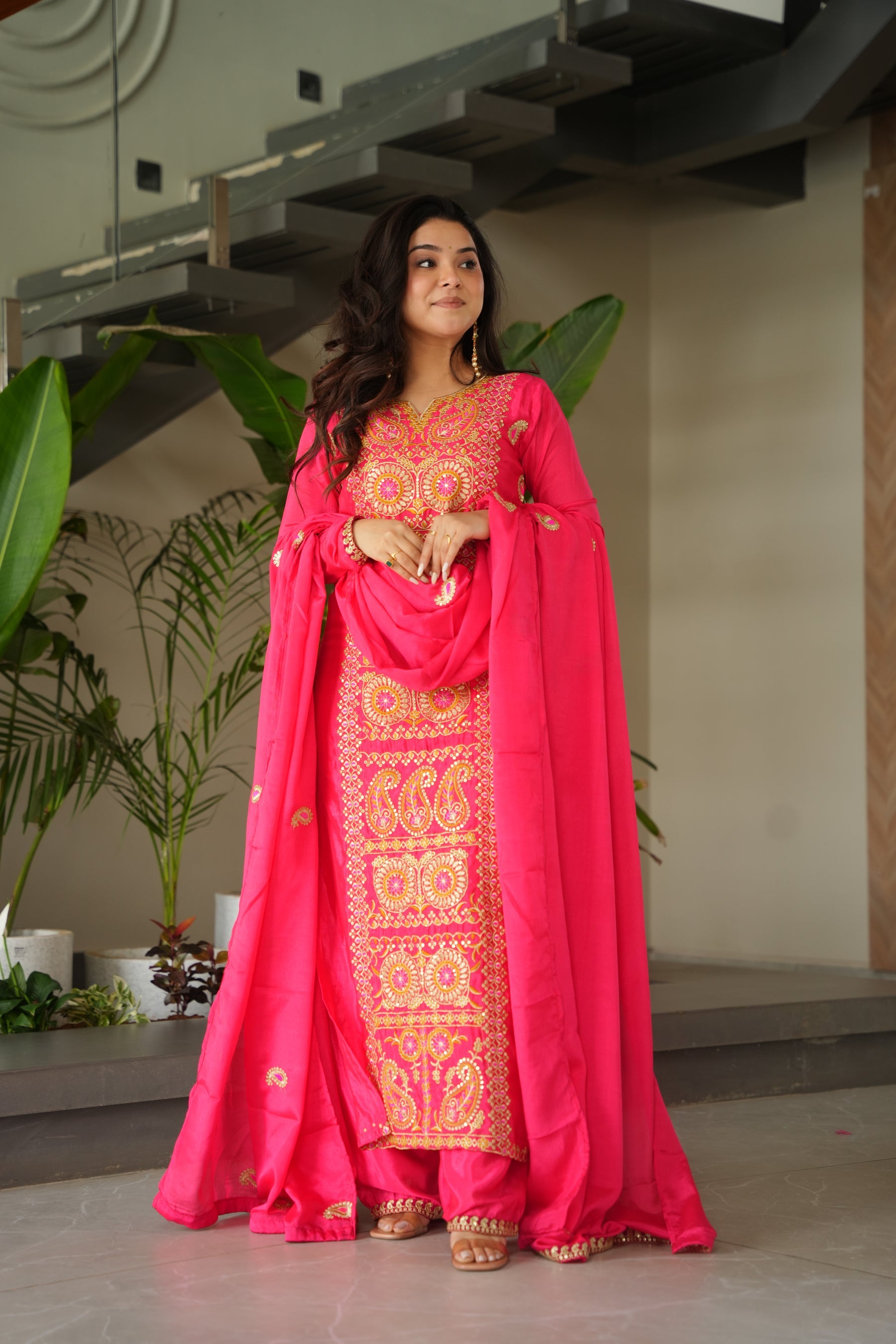 Lorenvalley Fashion Gajari Chinnon with Zari Multi & Thread Embroidered work Kurta Pant with Dupatta