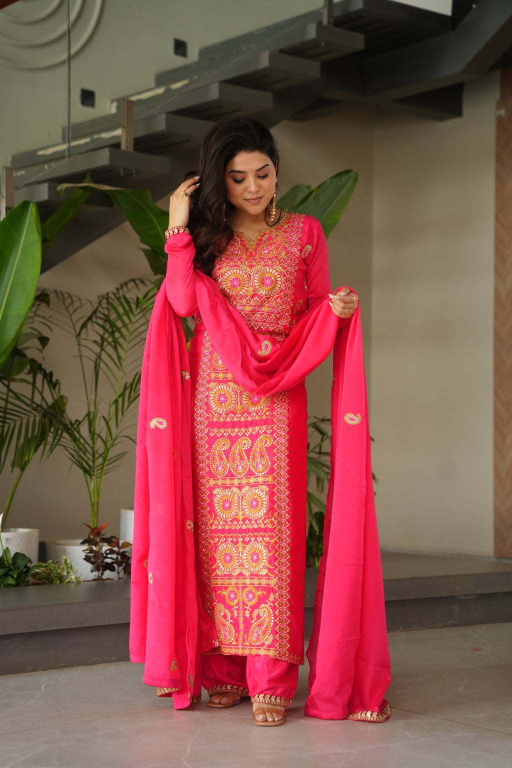 Lorenvalley Fashion Gajari Chinnon with Zari Multi & Thread Embroidered work Kurta Pant with Dupatta