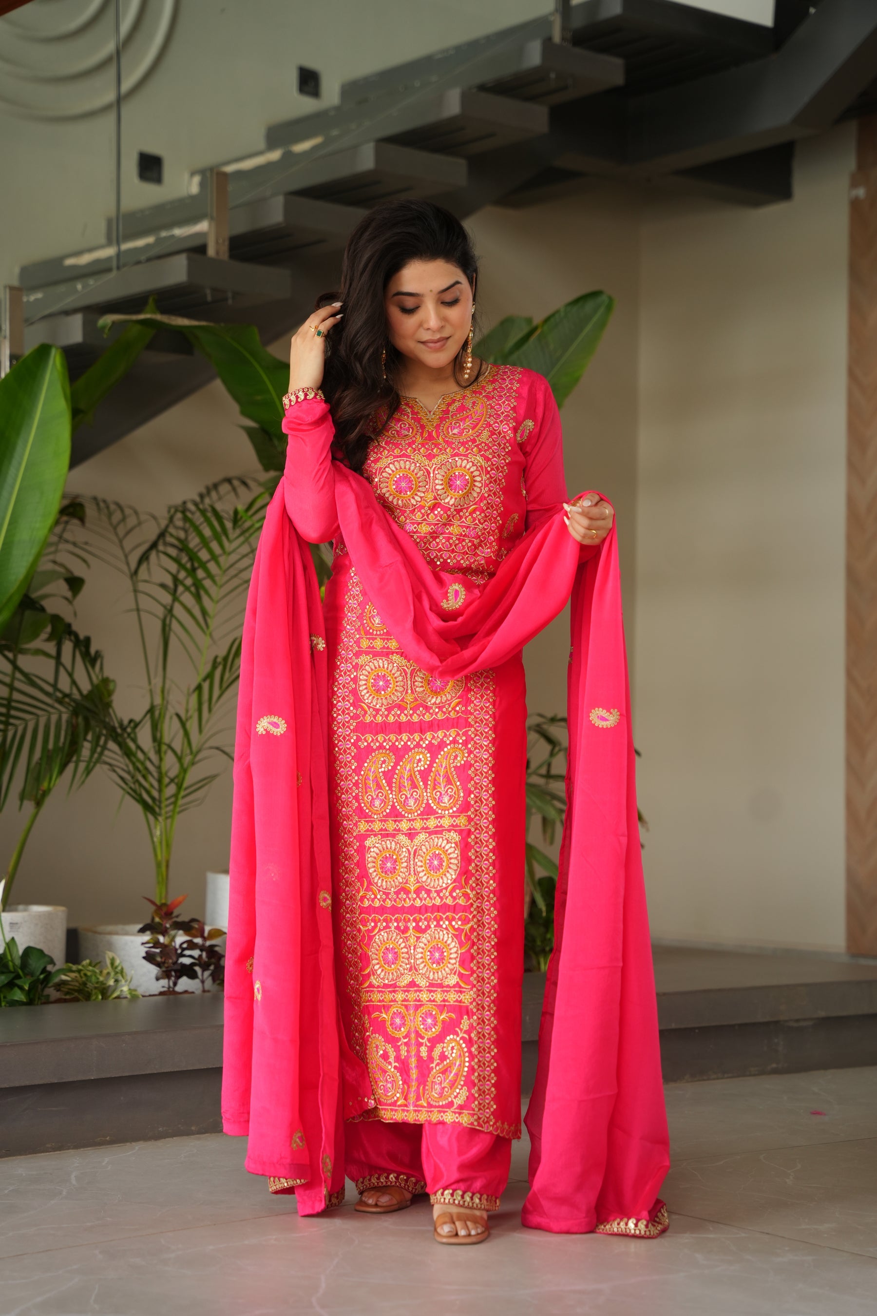 Lorenvalley Fashion Gajari Chinnon with Zari Multi & Thread Embroidered work Kurta Pant with Dupatta