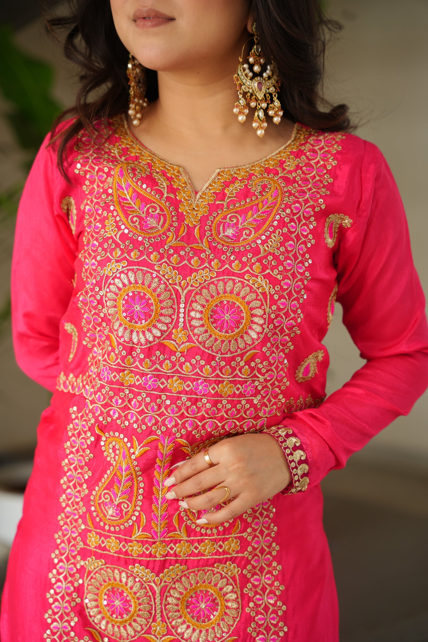 Lorenvalley Fashion Gajari Chinnon with Zari Multi & Thread Embroidered work Kurta Pant with Dupatta