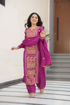 Lorenvalley Fashion Magenta Chinon Silk with Zari Multi & Thread Embroidered work Kurta Pant with Dupatta