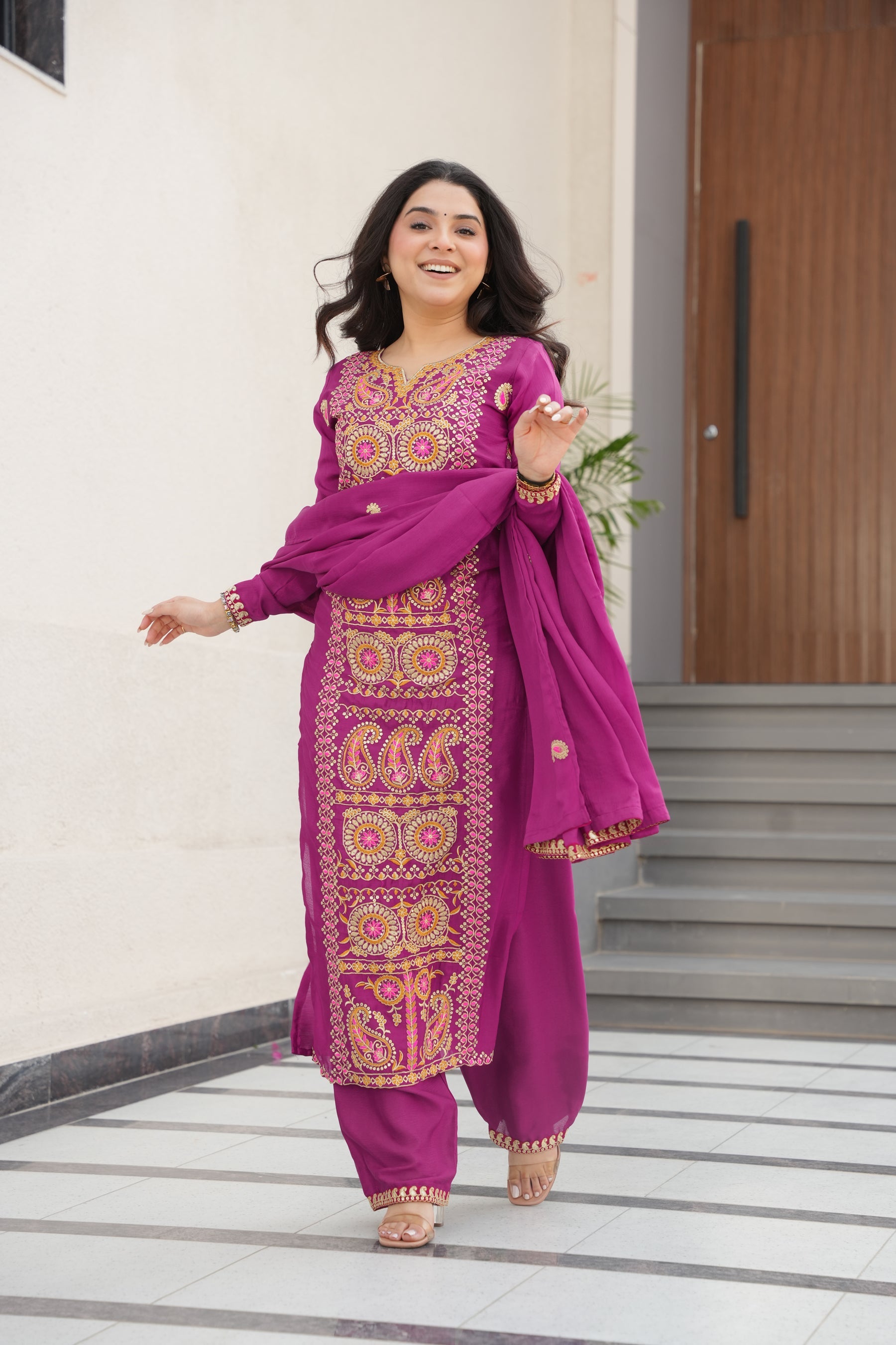 Lorenvalley Fashion Magenta Chinon Silk with Zari Multi & Thread Embroidered work Kurta Pant with Dupatta