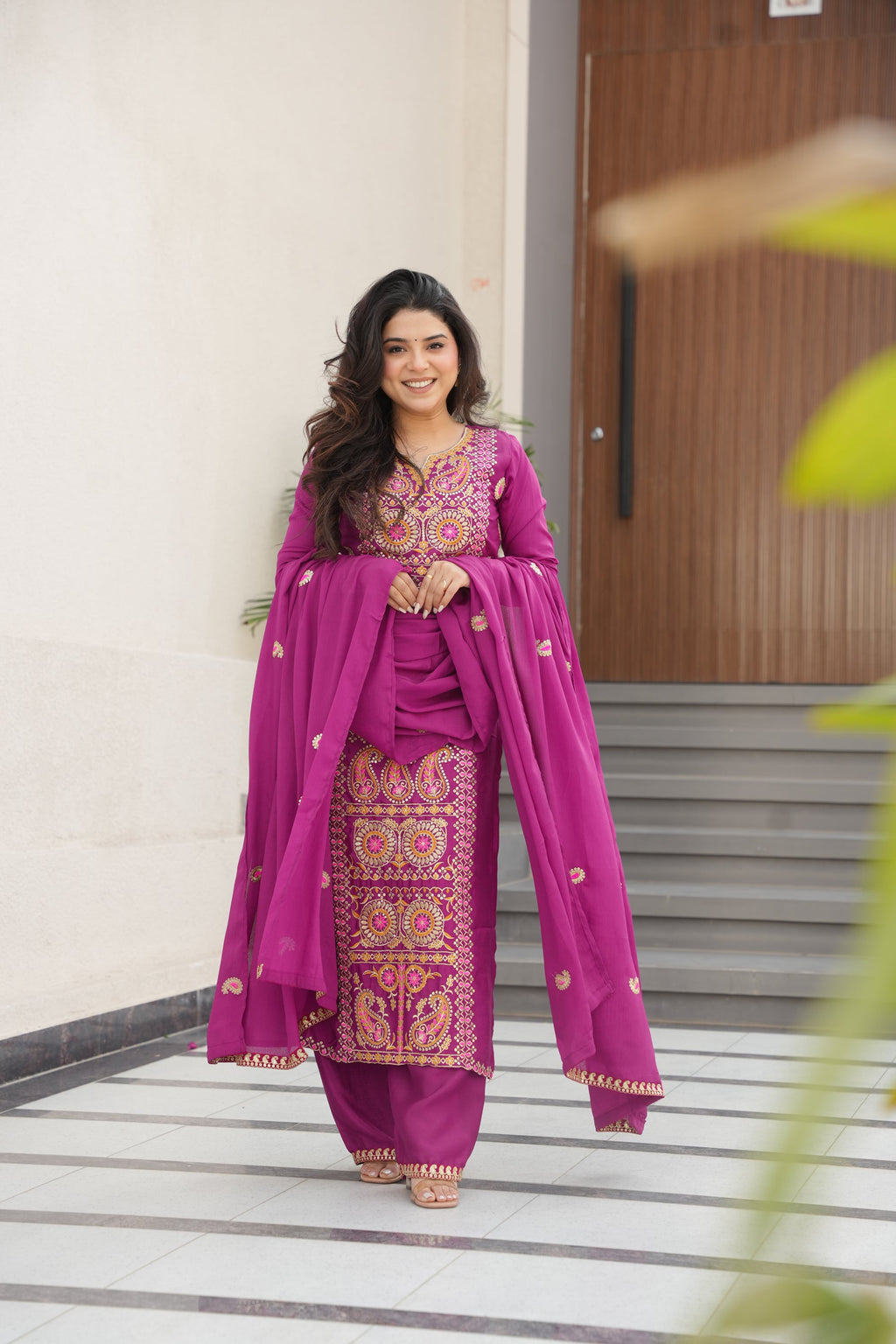 Lorenvalley Fashion Magenta Chinon Silk with Zari Multi & Thread Embroidered work Kurta Pant with Dupatta