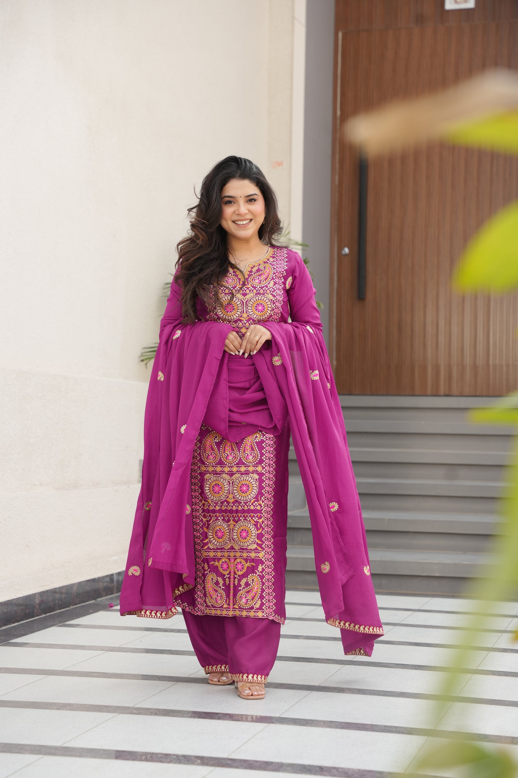 Lorenvalley Fashion Magenta Chinon Silk with Zari Multi & Thread Embroidered work Kurta Pant with Dupatta