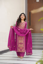 Lorenvalley Fashion Magenta Chinon Silk with Zari Multi & Thread Embroidered work Kurta Pant with Dupatta