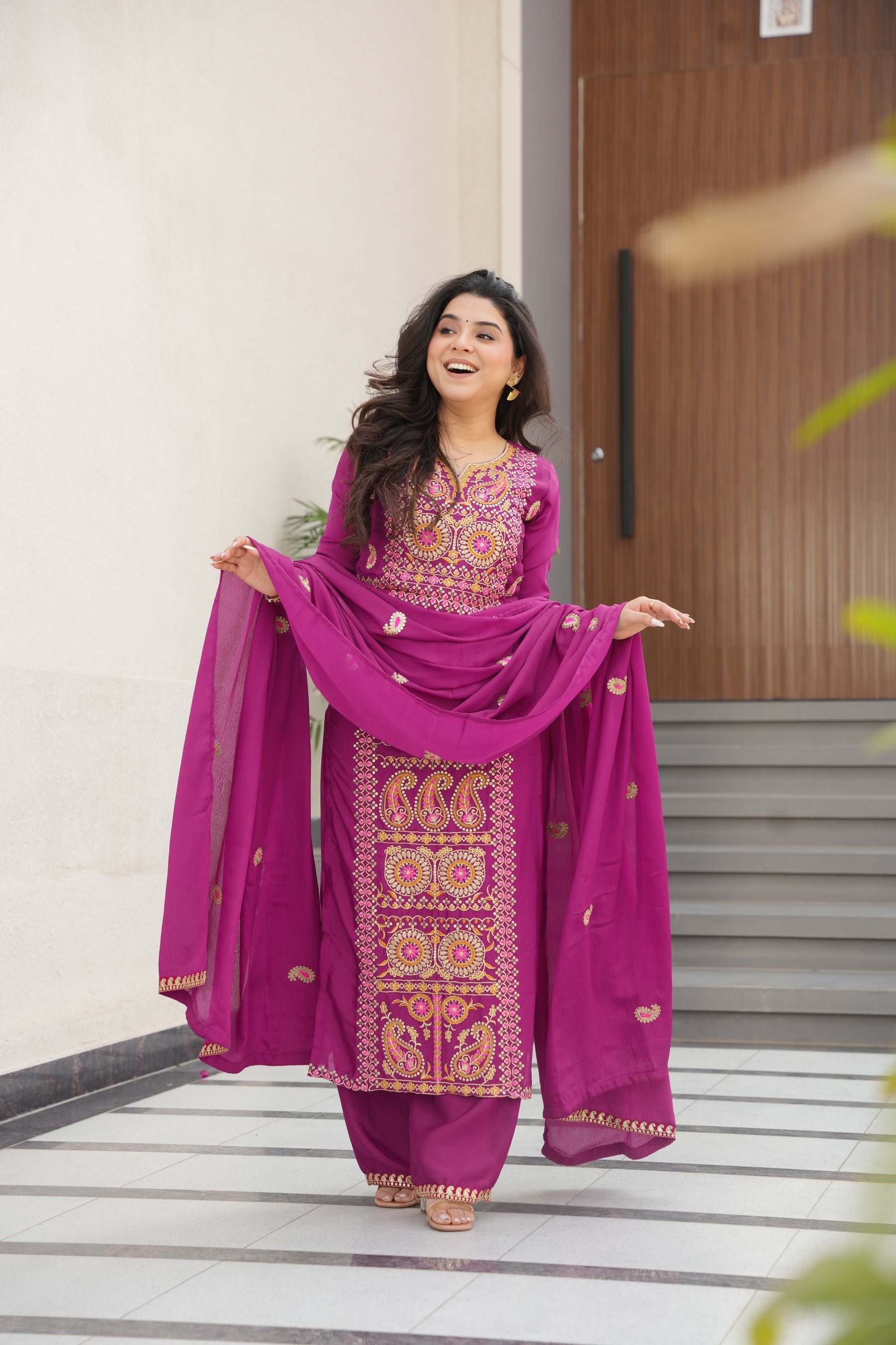 Lorenvalley Fashion Magenta Chinon Silk with Zari Multi & Thread Embroidered work Kurta Pant with Dupatta
