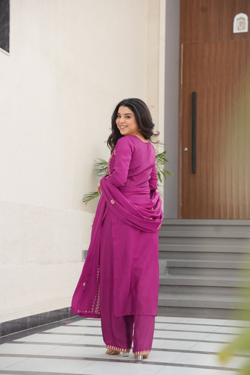 Lorenvalley Fashion Magenta Chinon Silk with Zari Multi & Thread Embroidered work Kurta Pant with Dupatta