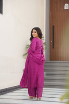 Lorenvalley Fashion Magenta Chinon Silk with Zari Multi & Thread Embroidered work Kurta Pant with Dupatta