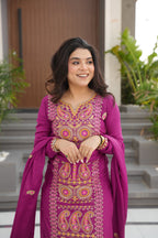 Lorenvalley Fashion Magenta Chinon Silk with Zari Multi & Thread Embroidered work Kurta Pant with Dupatta